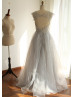 Light Gray Lace Organza Cut Out Back Unique Prom Dress